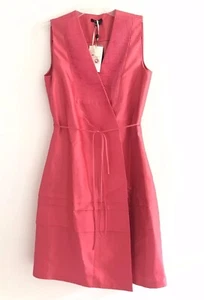 Vestido envolvente de seda plisado Raoul Baby para mujer talla 6 rosa geranio sin mangas cuello en V - Imagen 1 de 12