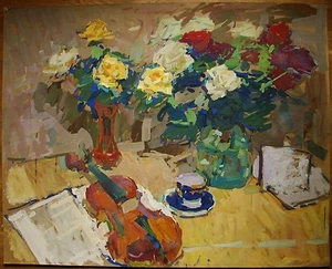 Ukrainian Painting Impressionism fauvism Still Life flowers violin cup - Picture 1 of 9