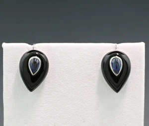 Pendientes De Gota De Ónix Zafiro 750-Oro Blanco Negro - Azul Nuevos - Imagen 1 de 3