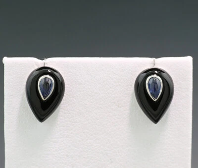 Pendientes De Gota De Ónix Zafiro 750-Oro Blanco Negro - Azul Nuevos - Imagen 1 de 3