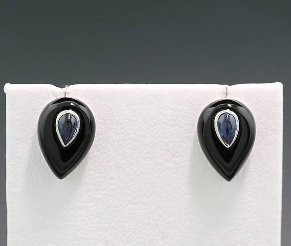 Pendientes De Gota De Ónix Zafiro 750-Oro Blanco Negro - Azul Nuevos - Imagen 1 de 3