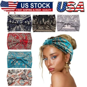 Wide Headbands for Women Boho Knotted Head Wraps Turbans Non Slip Bandana Yoga - Picture 1 of 7