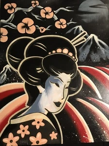 NATE LUNA ORIGINAL LISTED PORTLAND OREGON ARTIST SPACE GEISHA CUBIST MIXED MEDIA - Picture 1 of 8