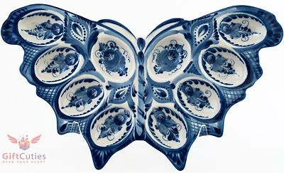 Plato porta huevos de porcelana Gzhel plato exhibición de huevos de Pascua mariposa hecho a mano  Foto 1 de 4
