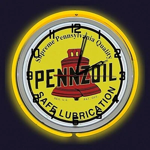 19" Pennzoil Safe Lubrication Sign Yellow Neon Clock Man Cave Garage Oil Shop - Picture 1 of 2