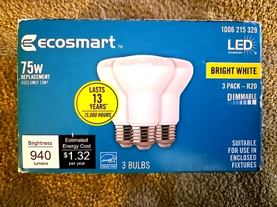 (3-Pk) EcoSmart R20 Dimmable Flood LED Light Bulb Bright White - Image 1 of 3