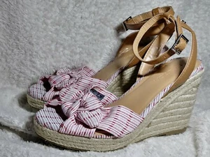 Nautica Sandals Espadrilles 6.5 Wedges Womens High Heels Red White Striped Ties - Picture 1 of 8
