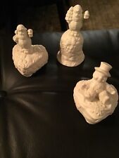 Vintage set of (3)  bisque 1 Santa bell & 1 each Santa  & Snowman trinket heart