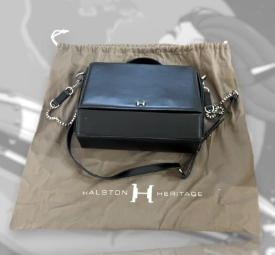 "Bolso Bandolera Halston Heritage Cuero Negro Solapa 11""x8""x4""" Foto 1 de 4