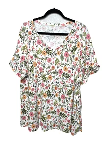 Camiseta J.Jill Talla Grande 3X Algodón Pima Mangas Cortas Cuello en V Floral #4 - Imagen 1 de 8