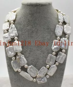 Collana di perle rettangolari barocco bianco moda 2 file 15x20 mm 18-20'' - Foto 1 di 12