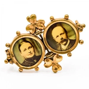 Brosche in aus vergoldet mit Fotos Jugendstil um 1900 Brooch Handarbeit Antik  - Bild 1 von 12