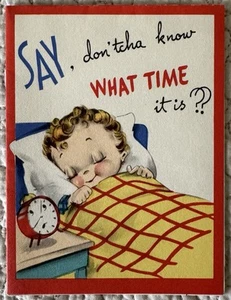 Vintage Birthday Boy Know What Time It Is Clock Bed Greeting Card 1930s 1940s - Picture 1 of 3