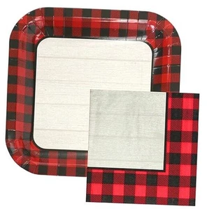 100-Piece Paper Dinner Party Pack, Woodgrain Buffalo Plaid, 40 Plates and 60 - Picture 1 of 5