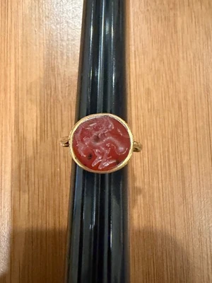 Vtg Possibly Antique Carnelian or Agate Intaglio Ring Crude Bird Design Sz 8.25 - Image 1 of 4