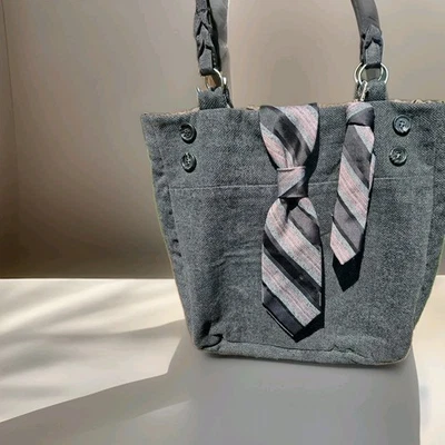 Shoulder Bag Made From Men's Pants & Tie Herringbone Grey Tweed Wool OOAK - Image 1 of 4