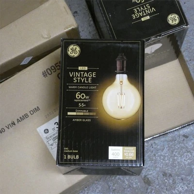 TWO (2) GE Lighting Large Vintage LED G40 Warm Candlelight Amber Glass 60 Watt  - Image 1 of 3