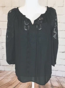 Nwt Cynthia Rowley Women's Black Sheer Lace Trim V Neck 3/4 Sleeve Top Size S - Picture 1 of 8