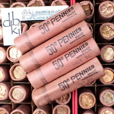 1963 (P) Lincoln Memorial Cent Penny Roll - 50 Uncirculated Coins - OBW - Brandt Cover