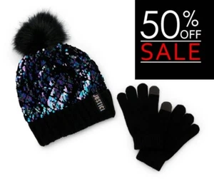 Justice Girls Sequin Beanie Hat with Pom and Gloves, 2-Piece Set BLACK NEW - Picture 1 of 9