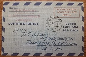 Luftpost Brief Berlin LF 1 II Berlin SW 11 1949 Pasadena USA Ganzsache - Bild 1 von 3