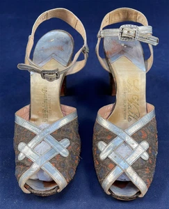 Vintage La Valle Art Deco 1930s Gold Lame Silver Leather Trim Ankle Strap Shoes - Picture 1 of 5