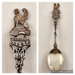 Cuchara bebé de plata esterlina con esfinge griega de Delfos de colección 41/2" de largo intrincada - Imagen 1 de 8
