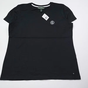 RALPH LAUREN WOMENS T-SHIRT -XL- BLACK COTTON EMBROIDERED CREST POCKET -ACTIVE - Picture 1 of 12