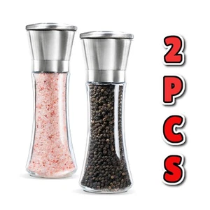 2 Pcs Salt Pepper Grinders Refillable Ceramic Stainless Steel Adjustable Mill - Picture 1 of 7