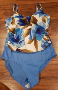 White Stag Blue & Brown Floral Print One-Piece Swimsuit Size Large 12/14 - Picture 1 of 4