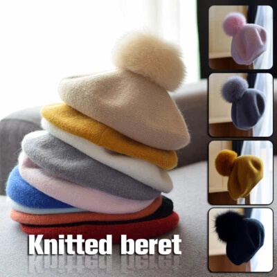 Women Lolita Girls Winter Wool Blend Beret Hat Real Fox Fur Pom Pom Cap Cute - Image 1 of 4