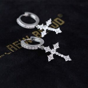 925 Silver Plated Cross Dangle Drop Earrings for Men Women,Punk Hip Hop Earrings