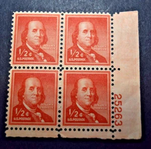 1954 US Stamp Scott #1030 - 1/2 Cent Plate Block - Franklin - MNH/OG/VF - Picture 1 of 2