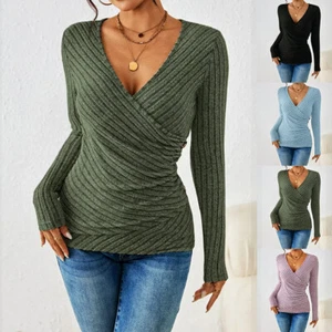 Womens V Neck Long Sleeve Pullover Solid T-shirts Ladies Slim Fit Blouses Tops - Picture 1 of 33