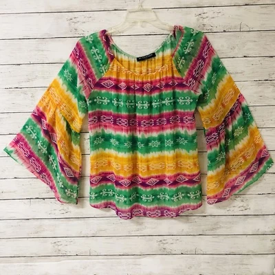 Boho Hippie Campesino HECHO EN EE. UU. Talla XL Rayas Geométricas RETRO 70’s Top Bell Slv Foto 1 de 4