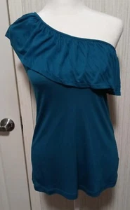 Mossimo Damen Bluse Gr. S Smaragdgrün Ärmellos One Shoulder Top Rüschen Neu mit Etikett - Bild 1 von 15