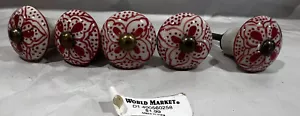 5 World Market Red Flower Cream White Ceramic Cabinet Knob Drawer Pulls Set Lot - Picture 1 of 6
