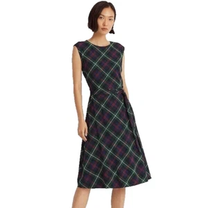 NEW LAUREN RALPH LAUREN GREEN PLAID FIT AND FLARE BELTED DRESS SIZE 16 $139 - Picture 1 of 5