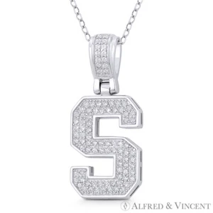 Initial Letter "S" Block Script CZ Crystal 925 Sterling Silver & Rhodium Pendant - Picture 1 of 1