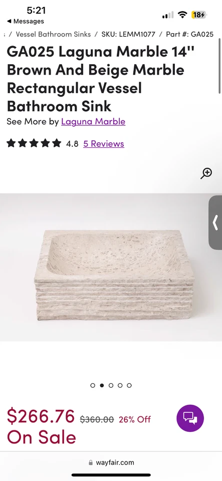 Laguna Marble 14"" Brown And Beige Marble Rectangular Vessel Bathroom Sink - Image 1 of 2