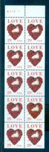 US 2814a love and Dove, Plate # A11111 Booklet pane/10 Mint NH, Not Folded - Picture 1 of 1