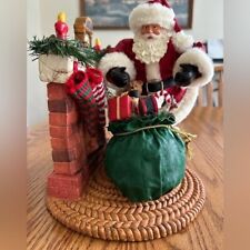 Vintage Fabric Mache Santa With Bag of Toys & Fireplace Christmas Decor Holidays