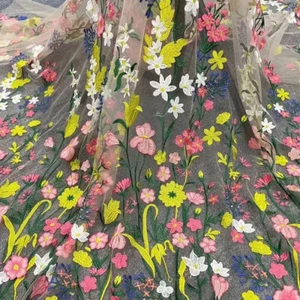 Colorful 3D Flower Applique Fabric Apricot Tulle Embroidered Lace Fabric By Yard - Picture 1 of 4