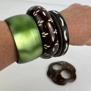 Vintage Chunky Galalith Resin Acrylic Bangles Green Brown wooden MCM Retro - Picture 1 of 24