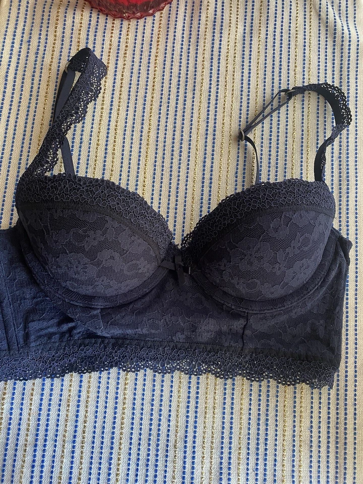 GILLY HICKS Super Push Em Up Plunge Bra 34A Blue Floral Lace Underwire Sexy Boho - Image 1 of 4