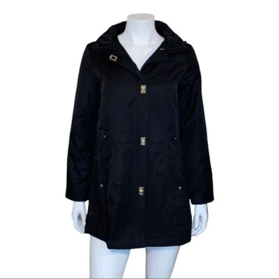 Jones New York Gold Turn Lock Button Hooded Black Raincoat Size Small NWT - Image 1 of 4
