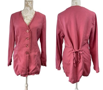 Chaqueta De Colección J Jill Talla Mediana Rosa Gruesa Lino Botón Cuello en V Ribete Festoneado Foto 1 de 4