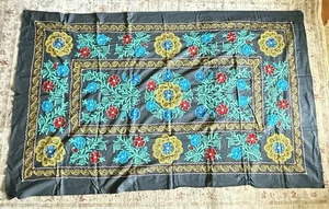 Vintage Uzbekistan Suzani Embroidered Black Floral Cotton Tapestry Art Fabric - Picture 1 of 23