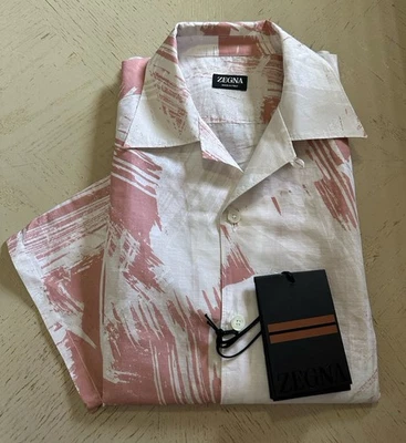 Camisa de manga corta ZEGNA para hombre mezcla de lino blanca/rosa talla M nueva $890 Italia Foto 1 de 4