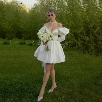 Sexy Mini Vestidos de Novia Sin Mangas Línea A Hombro Descubierto Novia Vestidos de Novia Foto 1 de 4